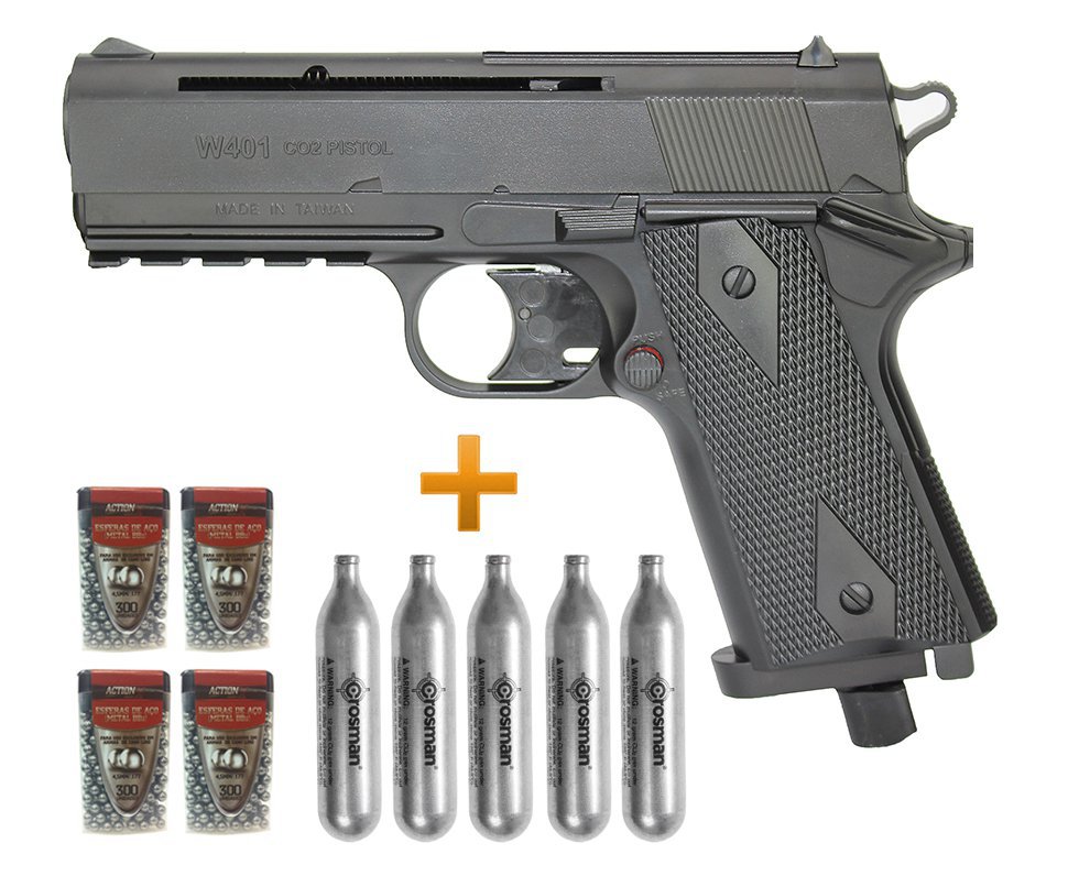 Pistola De Pressão Co2 Wingun W401 4,5mm Rossi + Co2 12g + Esferas Aço