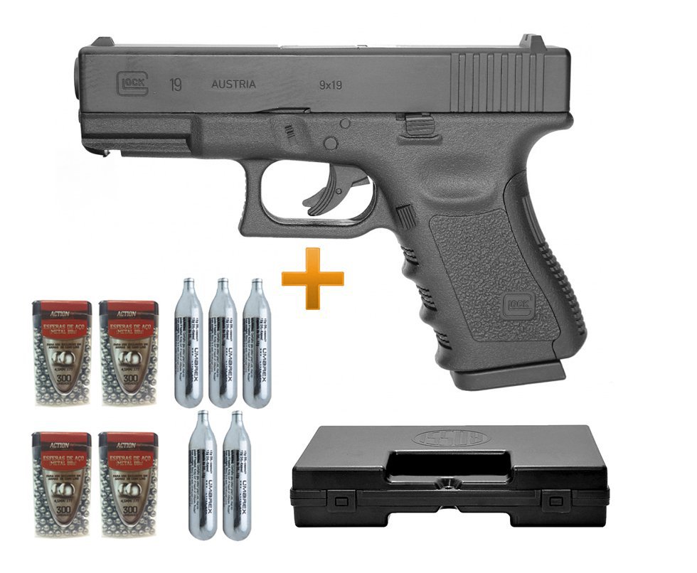 Pistola De Pressão Co2 Glock G19 4,5 Oficial + Case + Co2 + Esferas Aço
