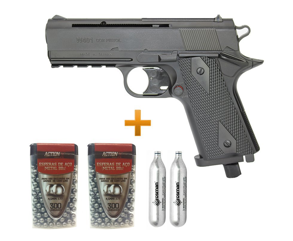 Pistola De Pressão Gas Co2 Wingun W401 4,5mm Rossi + Co2 + Bbs Metal