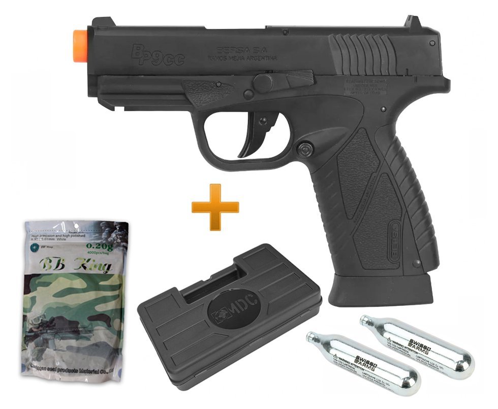 Pistola de Airsoft Gás CO2 Bersa BP9CC Com Blowback Slide Metal 6mm - ASG + Maleta + Co2 + Bbs
