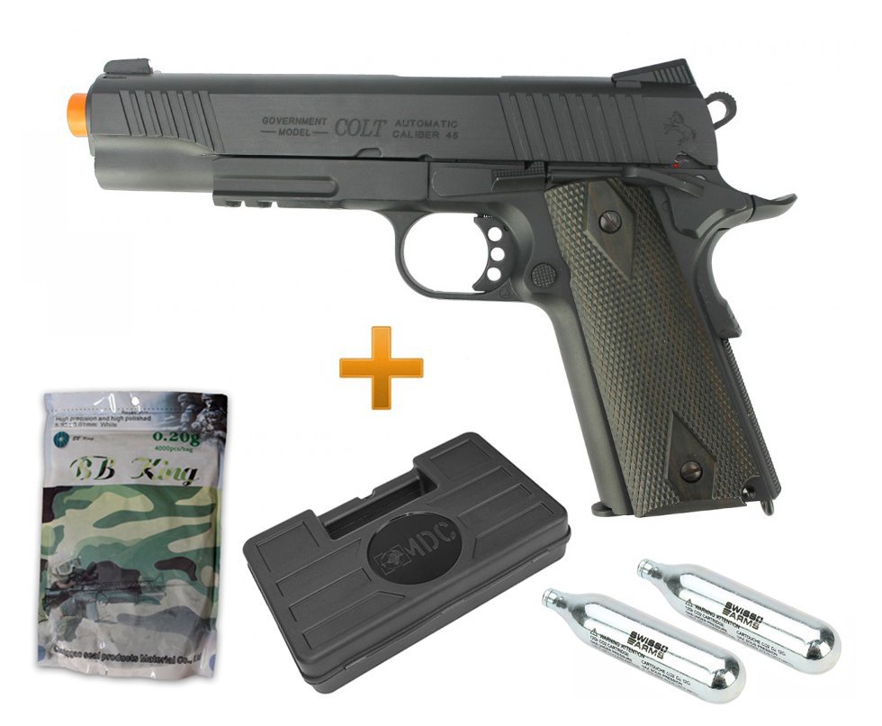 Pistola Airsoft Co2 Colt 1911 Rail Gun Blowback Full Metal 6,0 Cybergun + Maleta + Co2 + Bbs