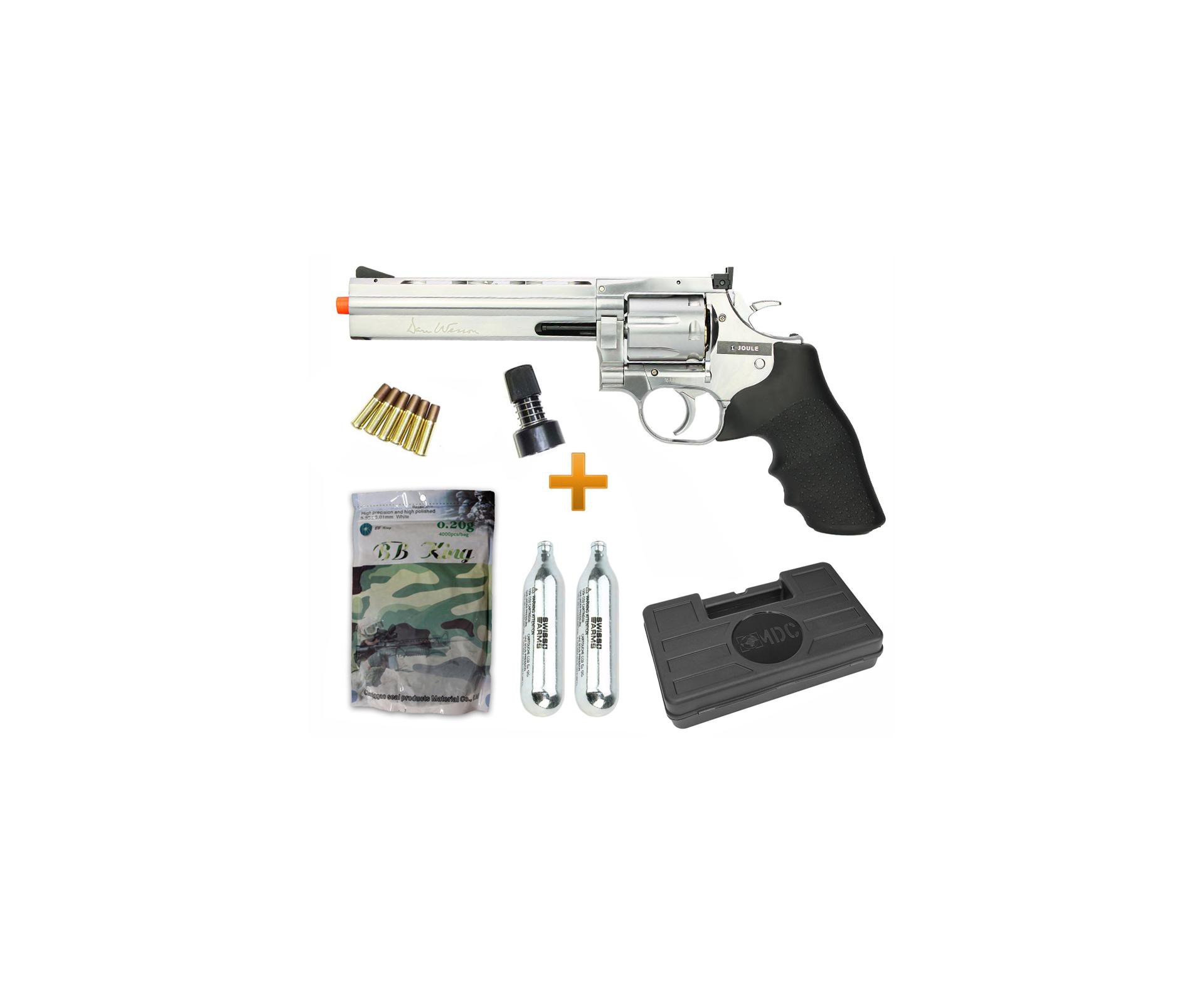 Revolver De Airsoft Co2 Full Metal Dan Weson 715 6" Inox Low Power Silver 6,0mm - Asg + Maleta + Co2 + Munição