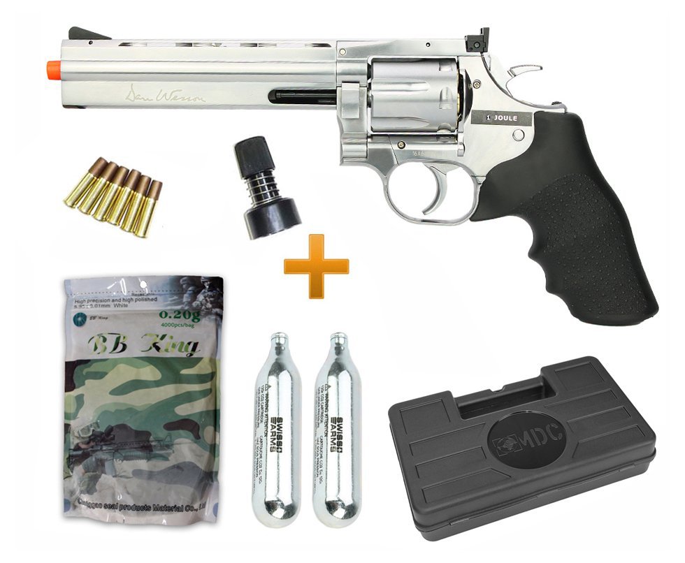 Revolver De Airsoft Co2 Full Metal Dan Weson 715 6" Inox Low Power Silver 6,0mm - Asg + Maleta + Co2 + Munição