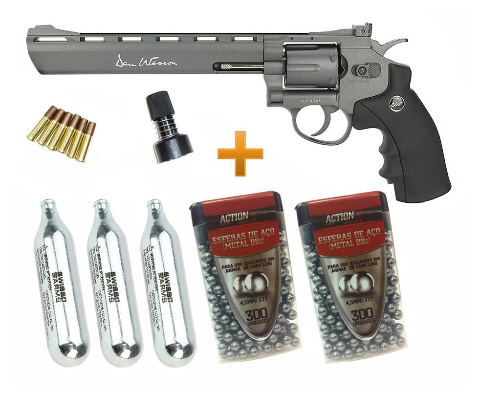 Revólver De Pressão Co2 Asg Dan Wesson 8" Grey Oxidado Full Metal 4,5mm + Munição + Co2