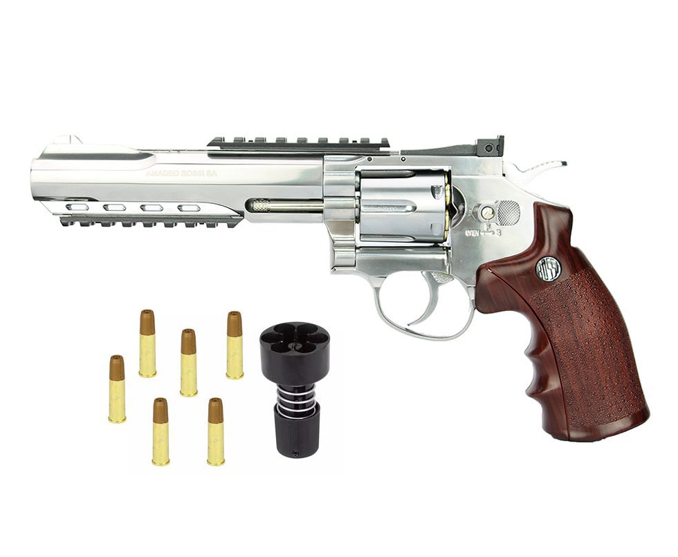 Revólver De Pressão Co2 Wingun Full Metal Niquelado Rossi 6 Tiros W702s 6" 4,5mm