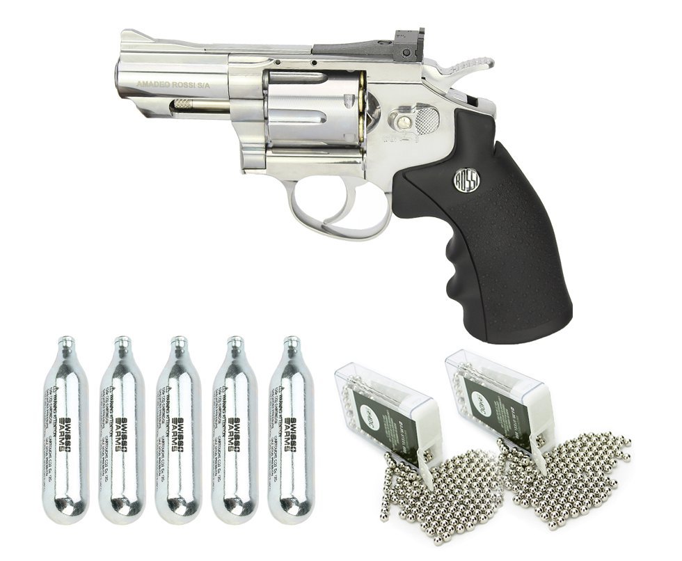 Revólver De Pressão Co2 Full Metal Rossi Niquelado 708s 2,5" 4,5mm + Bbs Aço + Co2