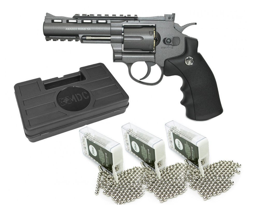 Revolver 38 De Pressão Gas Co2 6 Tiros 4" Oxidado Rossi Full Metal M701 4,5mm Wingun + Case + Esferas Bbs Steel