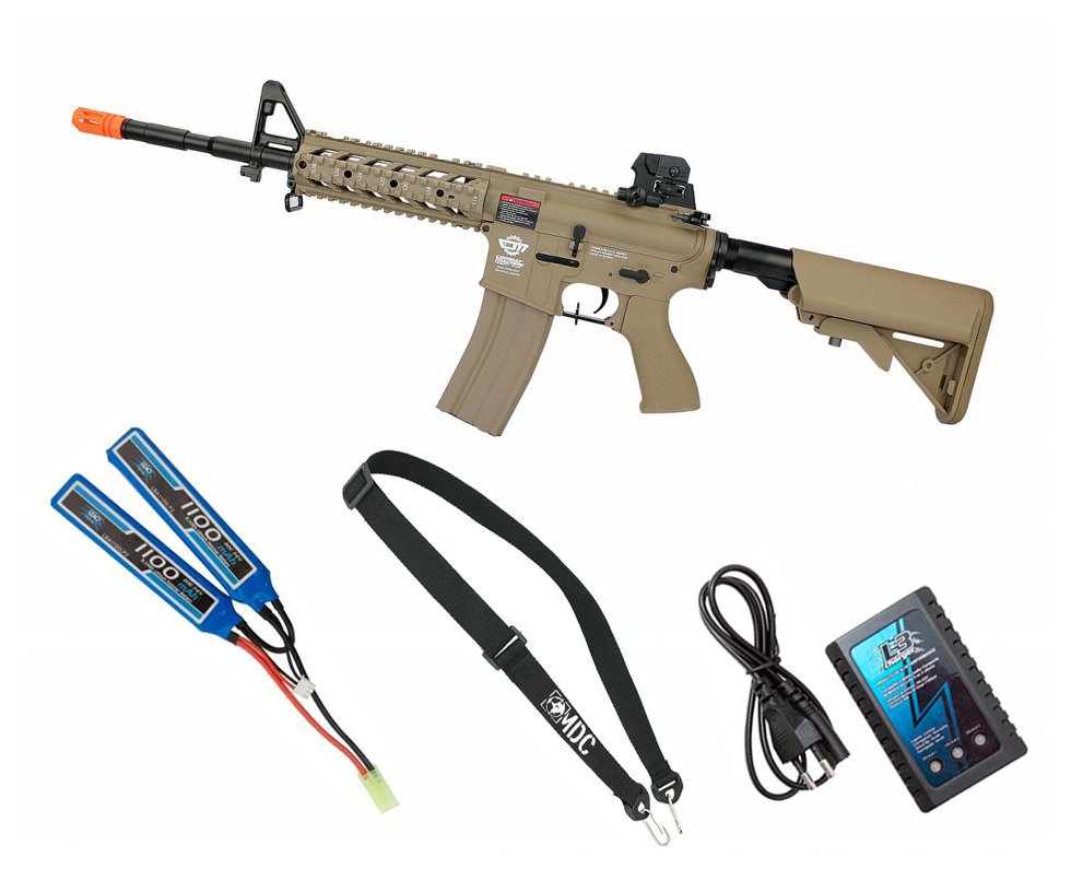 Rifle De Airsoft G&g Mod Cm16 Raider Long Dst Cal 6.0mm Tan + Kit Bateria E Carregador Lipo