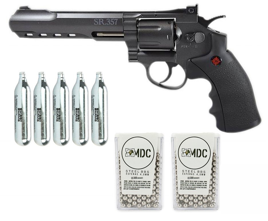 Revolver De Pressão Gas Co2 Sr357 Black 6" Full Metal Dual Ammo 6 Tiros 4,5mm Crosman + Co2 + Munição