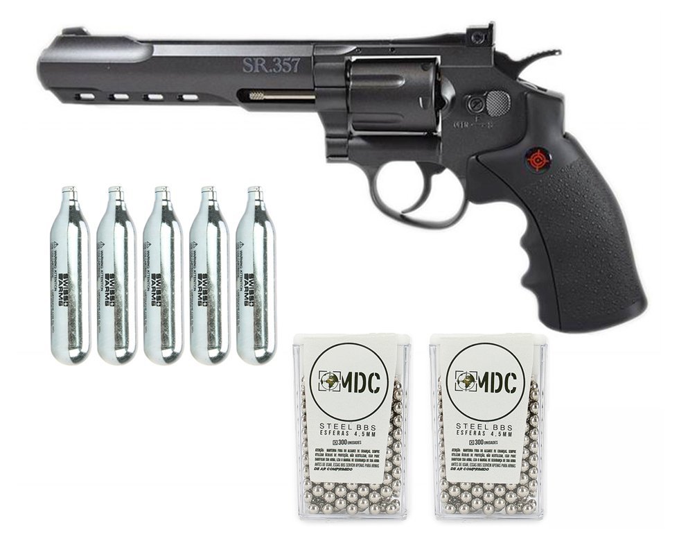Revolver De Pressão Gas Co2 Sr357 Black 6" Full Metal Dual Ammo 6 Tiros 4,5mm Crosman + Co2 + Munição