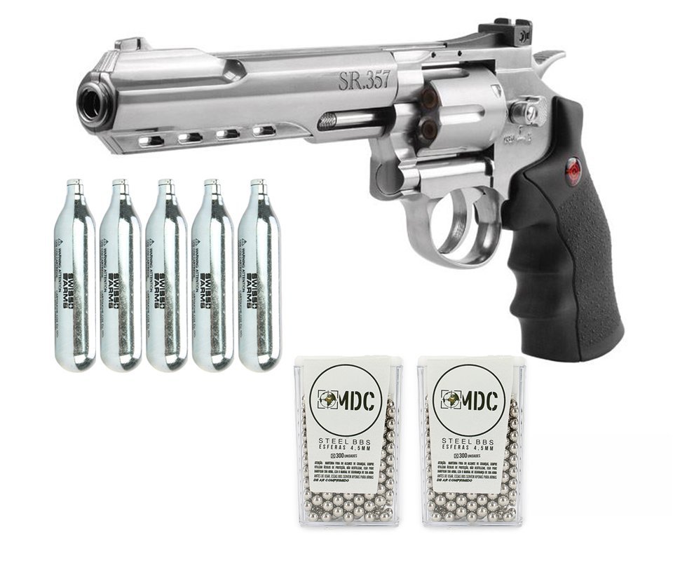 Revolver De Pressão Gas Co2 Sr357 Silver 6" Full Metal 6 Tiros 4,5mm Crosman + Co2 + Munição