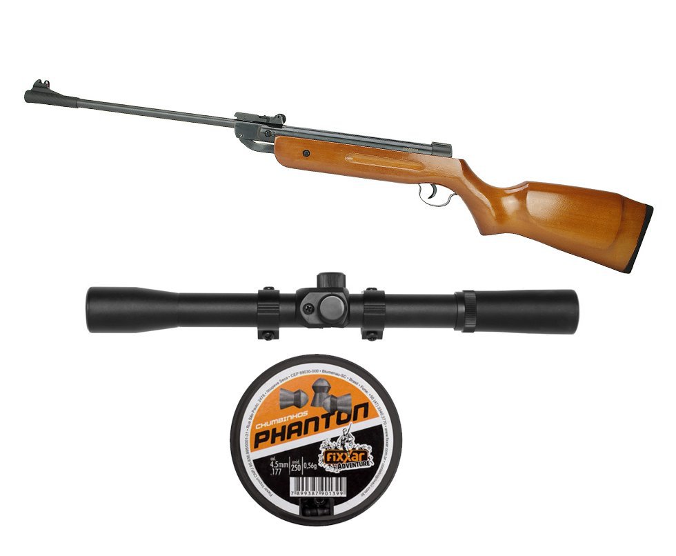 Carabina De Pressão Qgk 14 Madeira 4,5mm + Luneta 4x20 + Chumbinho