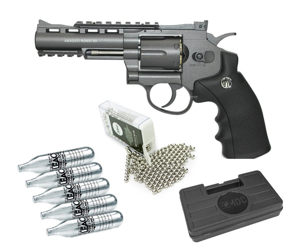 Revolver 38 De Pressão Gas Co2 6 Tiros 4" Oxidado Rossi Full Metal M701 4,5mm - Wingun + 5x Cilindro Co2 + Esfera De Aço 300uni + Maleta Case