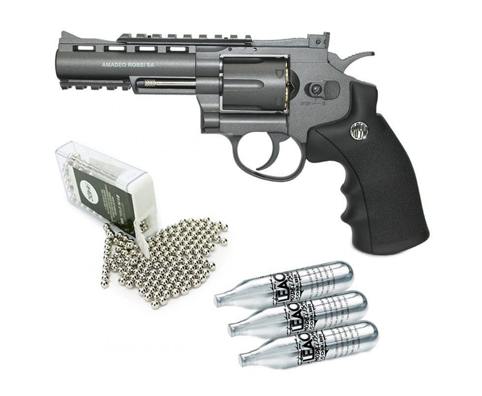 Revolver 38 De Pressão Gas Co2 6 Tiros 4" Oxidado Rossi Full Metal M701 4,5mm - Wingun + 3x Cilindro Co2 + Esfera De Aço 300uni