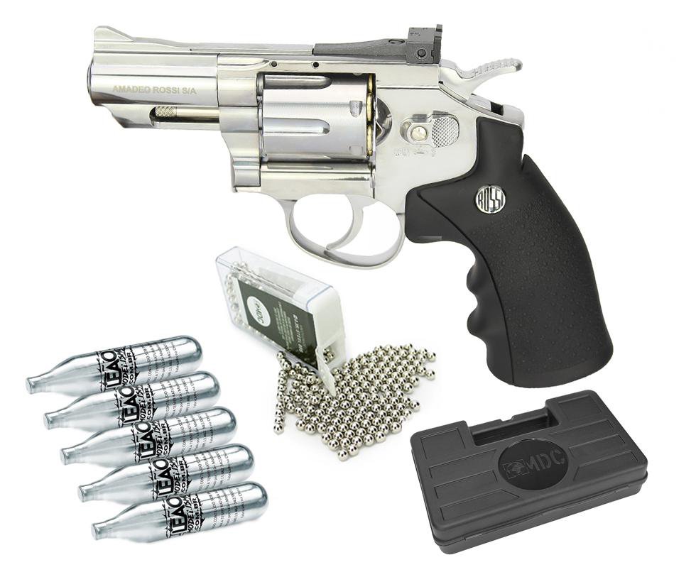 Revólver De Pressão Co2 Full Metal Rossi Niquelado 708s 2,5" 4,5mm + 5x Cilindro Co2 + Esfera De Aço 300uni + Maleta Case Mdc