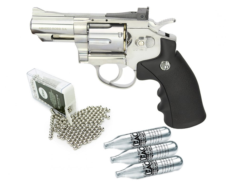 Revólver De Pressão Co2 Full Metal Rossi Niquelado 708s 2,5" 4,5mm + 3x Cilindro Co2 + Esfera De Aço 300uni