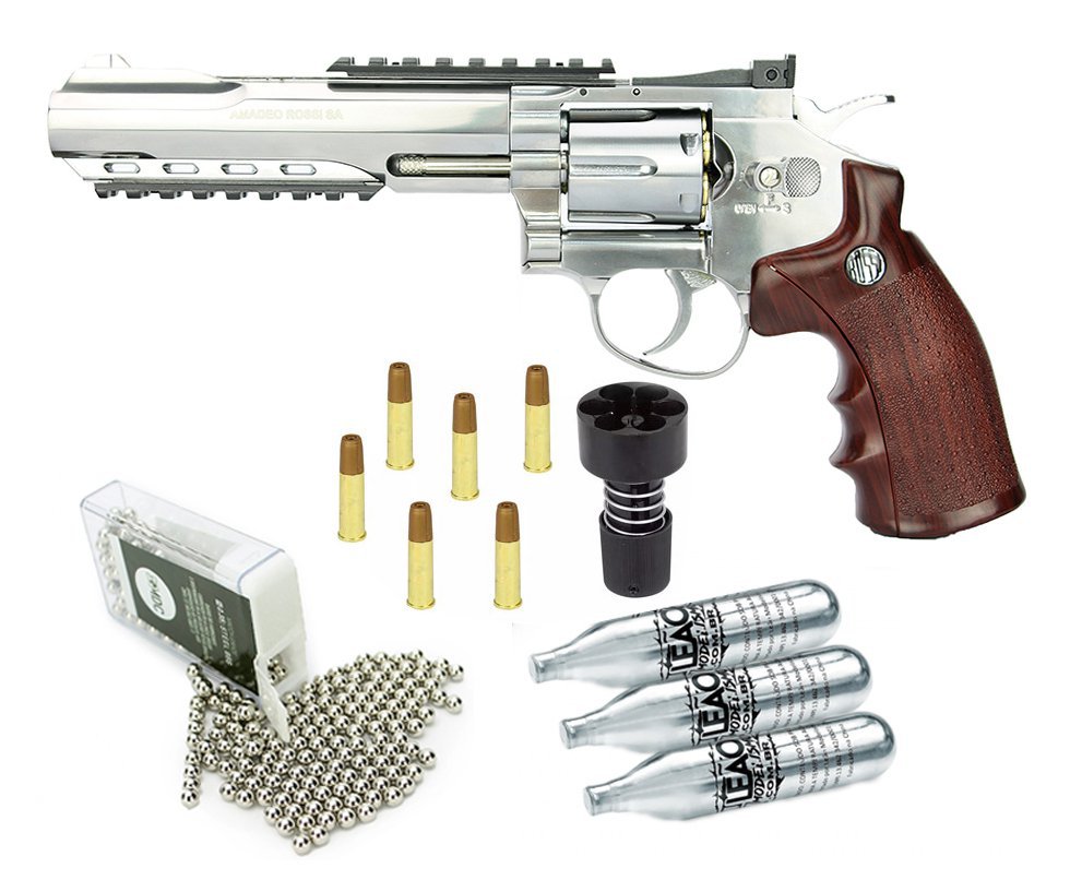 Revólver De Pressão Co2 Wingun Full Metal Niquelado Rossi 6 Tiros W702s 6" 4,5mm + 3x Cilindro Co2 + Esfera De Aço 300uni