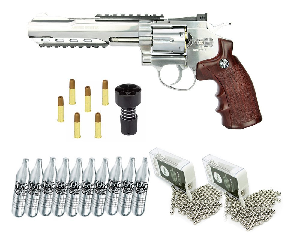 Revólver De Pressão Co2 Wingun Full Metal Niquelado Rossi 6 Tiros W702s 6" 4,5mm + 10x Cilindro Co2 + 2x Esfera De Aço 300uni