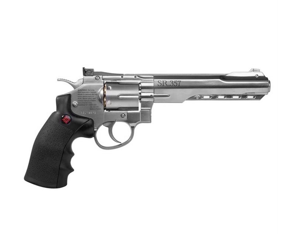 Revolver De Pressão Gas Co2 Sr357 Silver 6" Full Metal 6 Tiros 4,5mm Crosman + 5x Cilindro Co2 +  Esfera De Aço 300uni + Maleta Case Mdc