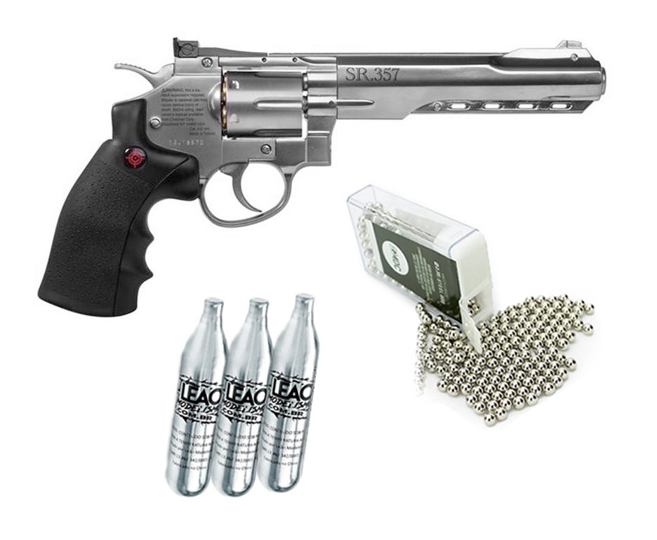 Revolver De Pressão Gas Co2 Sr357 Silver 6" Full Metal 6 Tiros 4,5mm Crosman + 3x Cilindro Co2 + Esfera De Aço 300uni