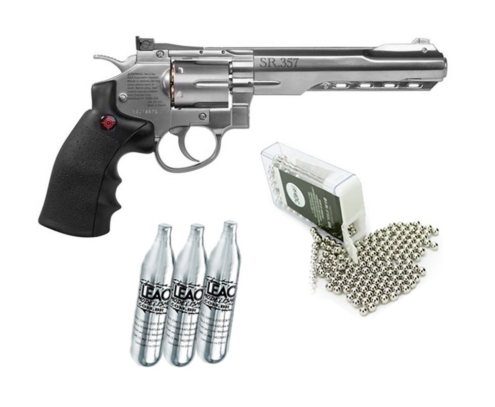 Revolver De Pressão Gas Co2 Sr357 Silver 6" Full Metal 6 Tiros 4,5mm Crosman + 3x Cilindro Co2 + Esfera De Aço 300uni