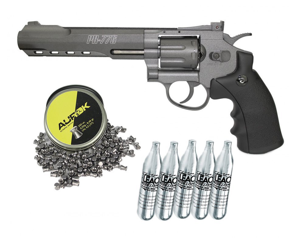 Revólver De Pressão Co2 Gamo 6" Pr-776 Full Metal 8 Tiros 4,5mm + 5x Cilindro Co2 + Chumbinho Aurok Olympic 250uni