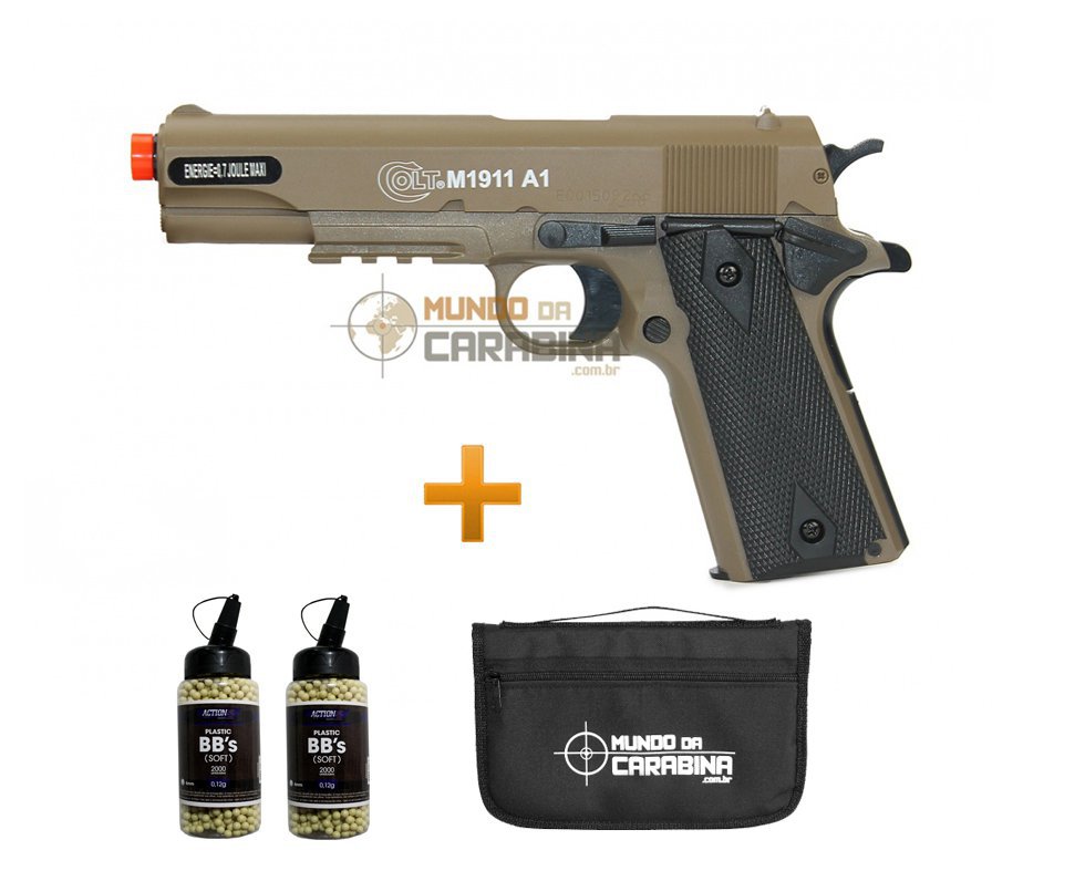 Pistola De Airsoft Colt 1911 A1 Dark Earth Spring + 4000 Esferas 0,12g + Capa Especial - Cybergun