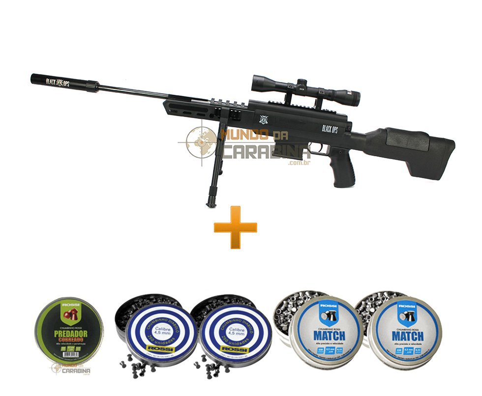Carabina De Pressão Sniper Black Ops Cal 4,5mm Pistão Pneumático + Chumbinhos + Capa Almofadada - Rossi
