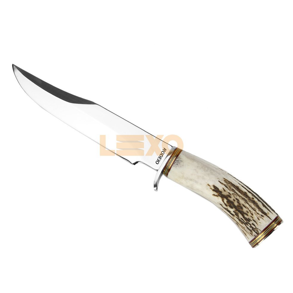 Faca De Caça 7" + Bainha Couro - Cabo Chifre De Cervo Natural - Rodeio