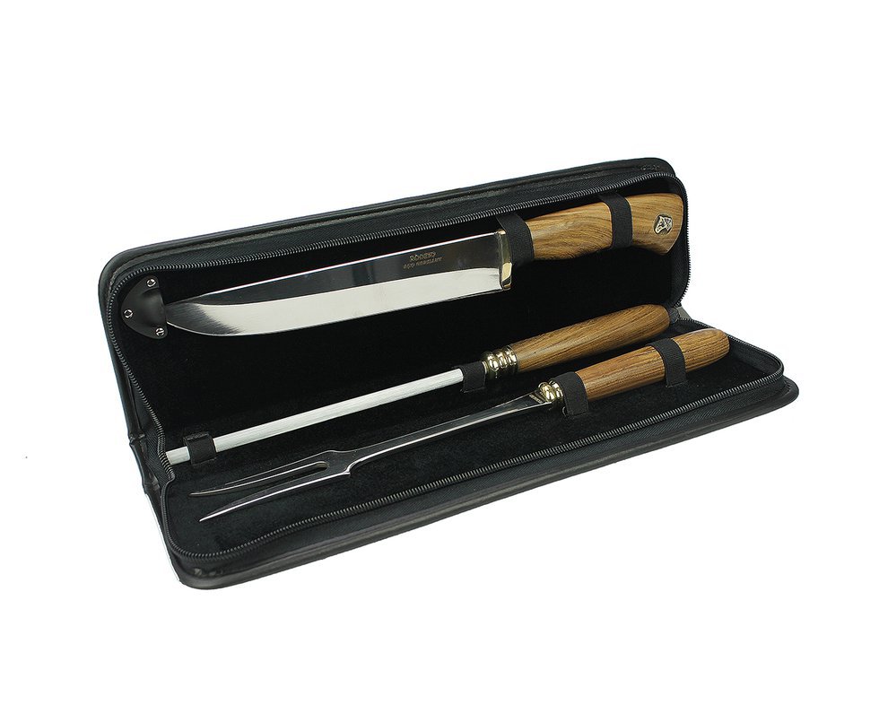 Conjunto De Faca + Chaira + Garfo 8" + Estojo + Cabo De Madeira Guajuvira - Rodeio