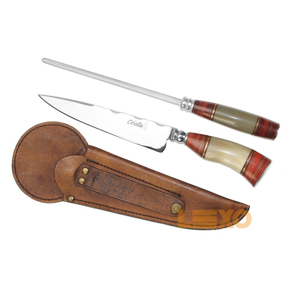 Conjunto Forjado De Faca E Chaira C/ Mosca 10" Cabo De Madeira E Chifre - Criolla