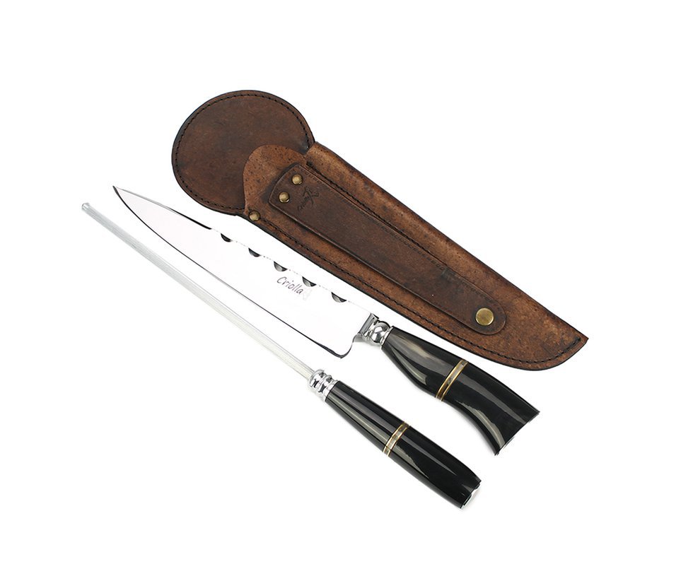 Conjunto Forjado De Faca E Chaira C/ Mosca 9" Cabo De Chifre - Criolla