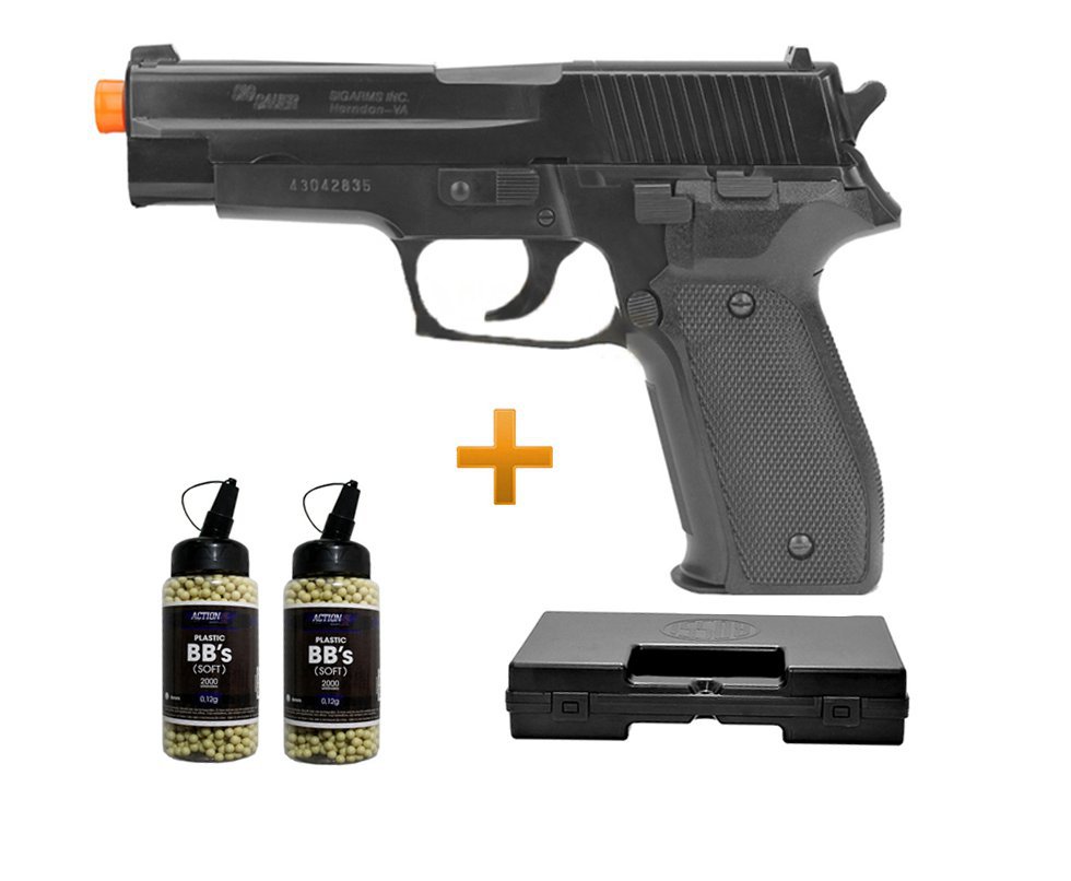 Pistola De Airsoft P226 Sig Sauer Spring - Cal 6,0 Mm + Case Deluxe + 4000 Esferas 0,12g - Cyber Gun
