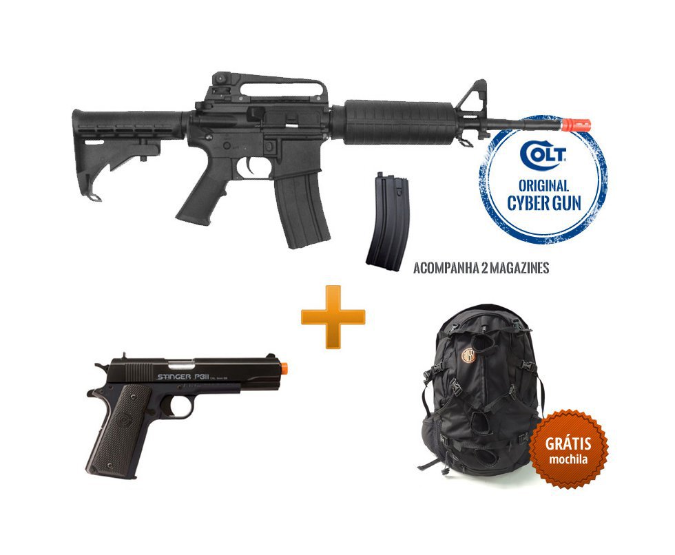Rifle De Airsoft Colt M4a1 Carbine Semi/metal - Elétrico - Cal 6,0mm (cyber Gun) + Pistola P311 Stinger + Mochila Rossi ()