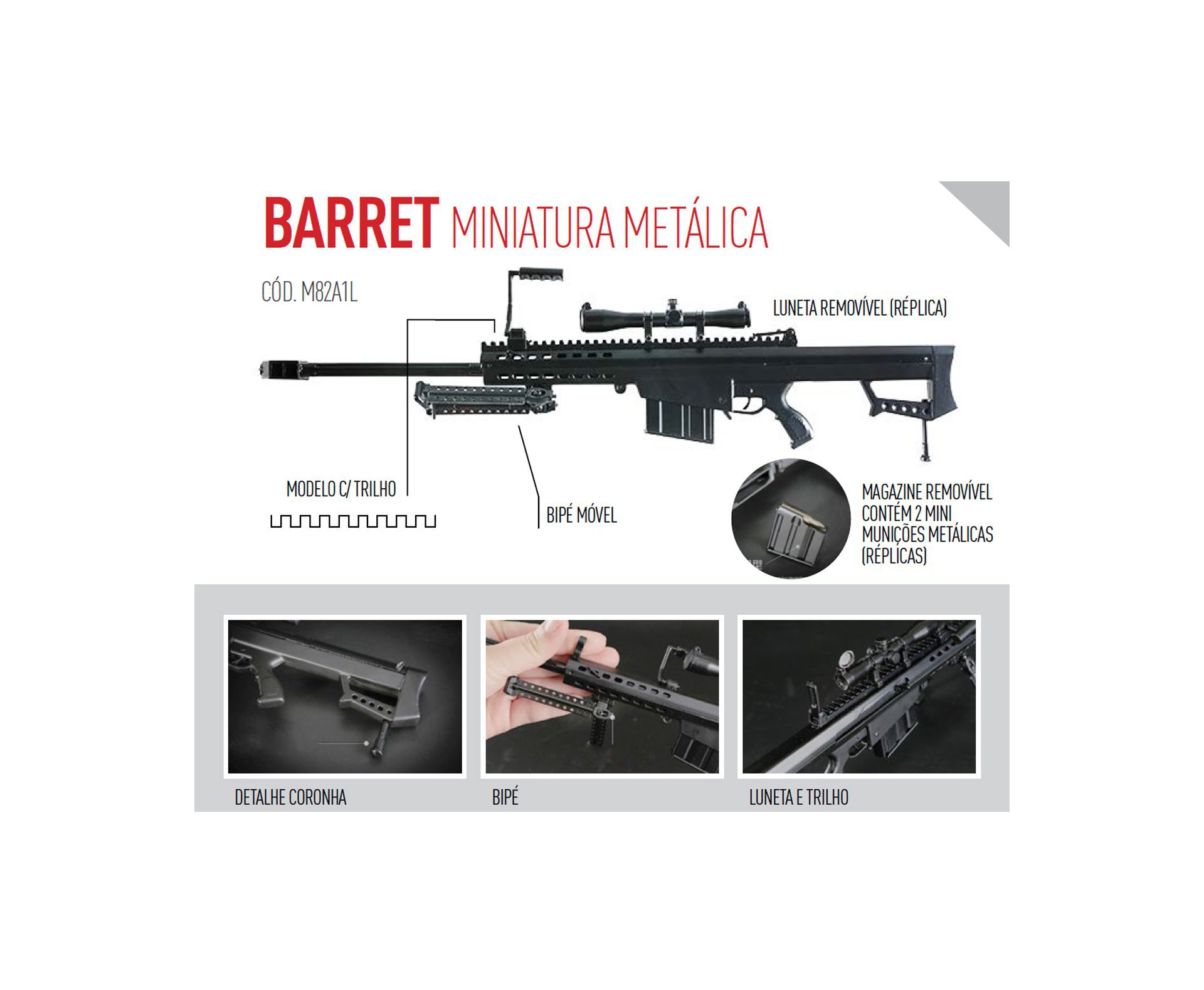 Rifle Sniper Barret Miniatura Metálica Com Trilho Curto - Arsenal Guns