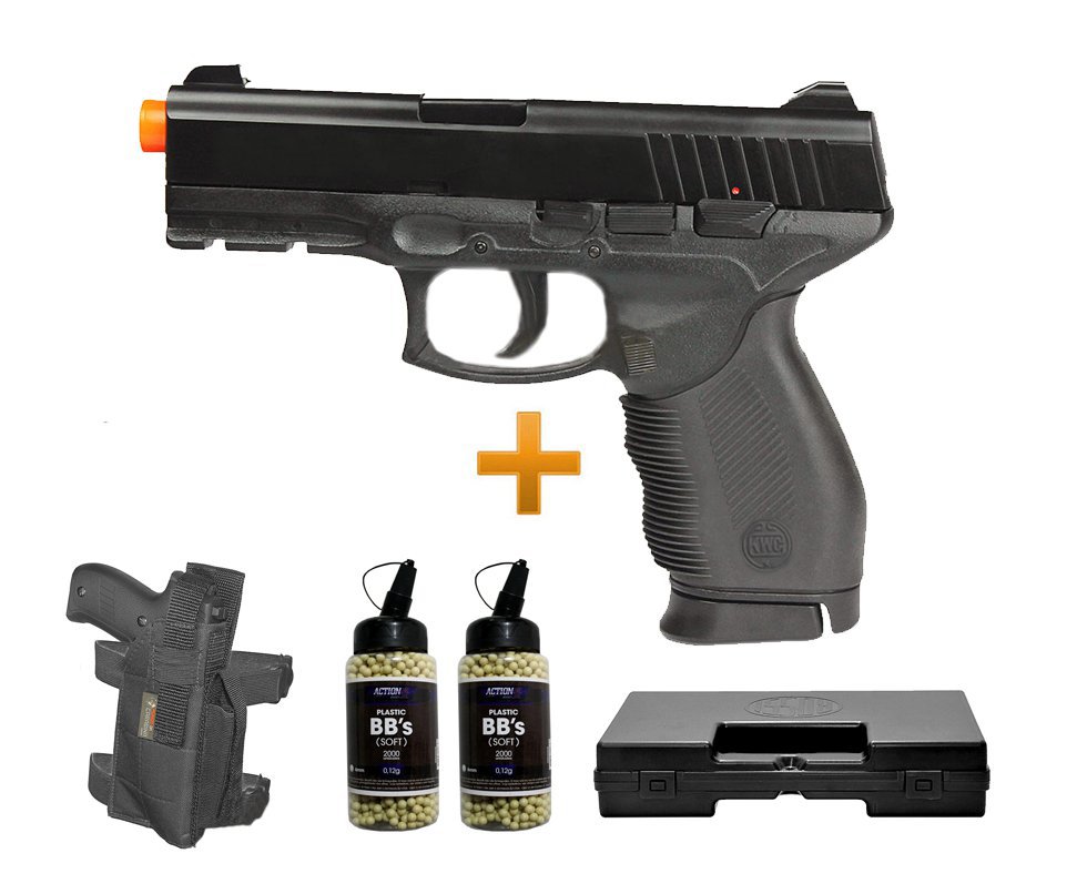 Pistola De Airsoft Pt 24/7 Spring + Coldre Perna + Case + 4000 Esferas 0,12g - Kwc