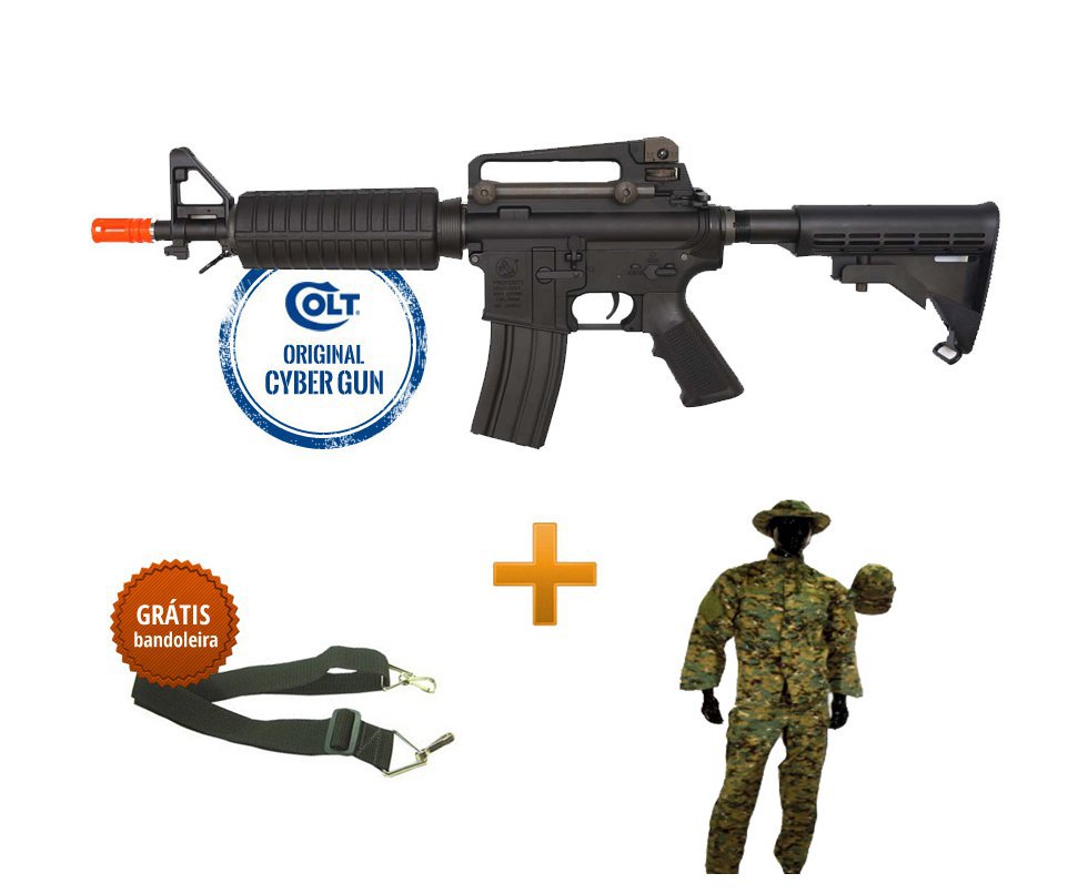Rifle De Airsoft M4 Commando M933 - Calibre 6,0 Mm - Aeg - Colt Original 220v + Farda Swiss Arms - Tamanho M + Bandoleira 2 Pontas ()