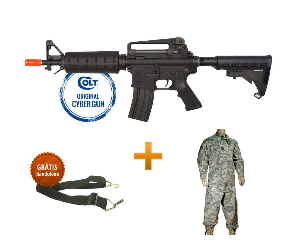 Rifle De Airsoft M4 Commando M933 - Calibre 6,0mm - Aeg - Colt Original 220v + Farda Swiss Arms Acu - Tamanho M + Bandoleira 2 Pontas