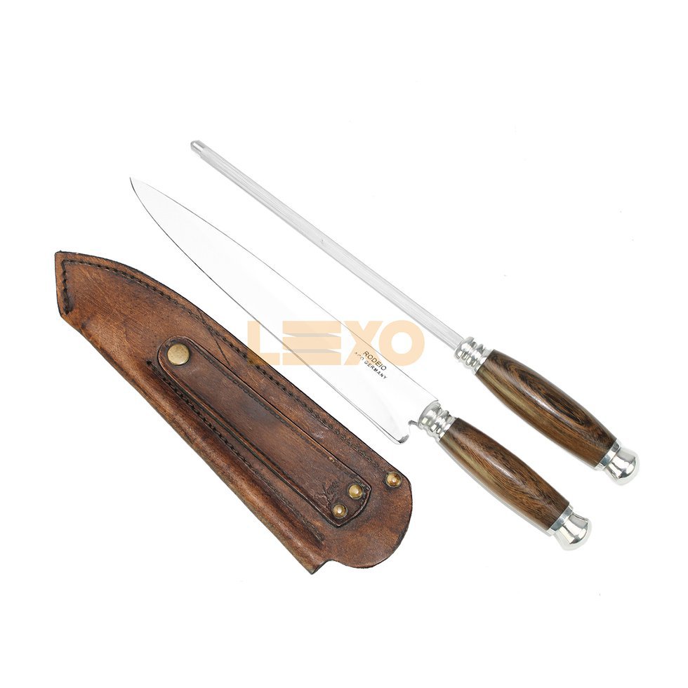 Conjunto De Faca Campeira E Chaira 7 Cabo Redondo De Madeira Guajuvira - Rodeio