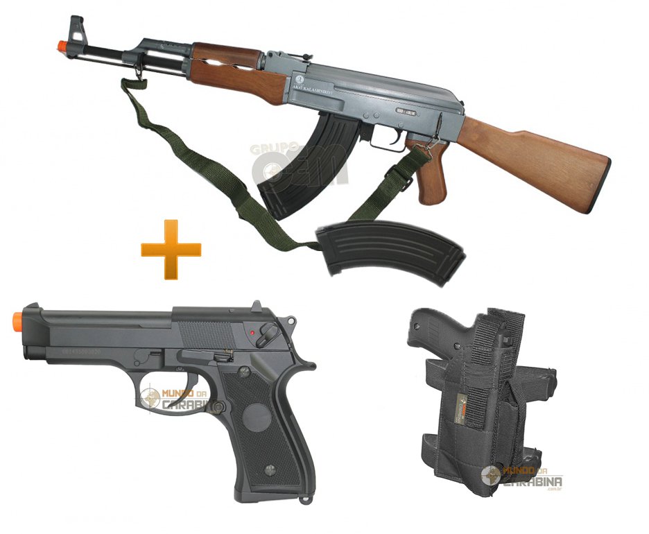 Rifle De Airsoft Kalashnikov Ak47 2mag Elet Cal 6 Mm - Cybergun + Pistola De Airsoft M92f Elet.cal 6 Mm Bivolt - Cyma
