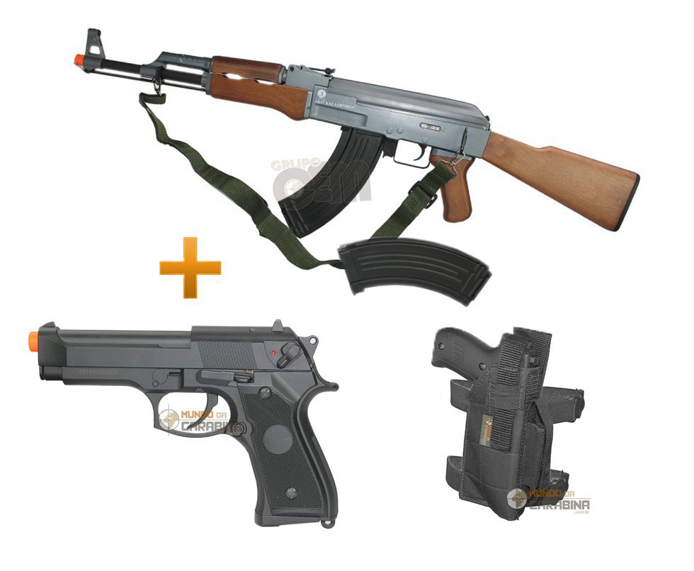 Rifle De Airsoft Kalashnikov Ak47 2mag Elet Cal 6 Mm - Cybergun + Pistola De Airsoft M92f Elet.cal 6 Mm Bivolt - Cyma