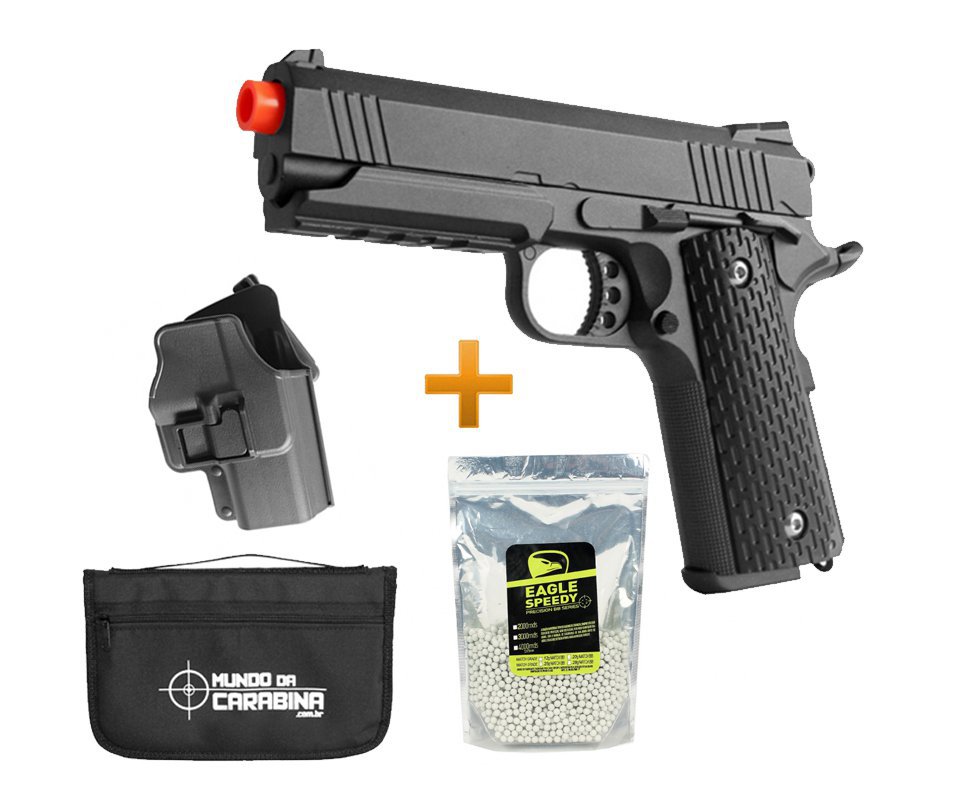 Pistola De Airsoft 1911 Full Metal + Coldre Polimero - G.25+ Cal 6mm + 5000 Esferas 0,12g + Capa - Galaxy