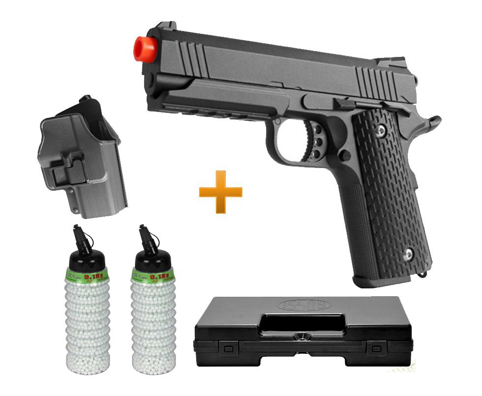 Pistola De Airsoft 1911 Full Metal + Coldre Polimero - G.25+ Cal 6mm + 4000 Esferas 0,12g + Case - Galaxy