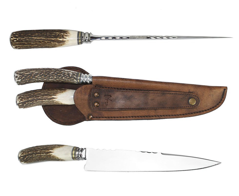 Conjunto Forjado De Faca E Chaira C/ Mosca 9" Cabo De Cervo - Criolla