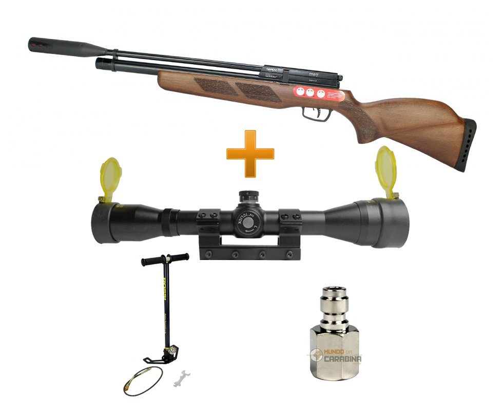 Carabina De Pressão Gamo Pcp Coyote Whisper Madeira 5.5 + Luneta 4x32 Gold + Bomba Manual