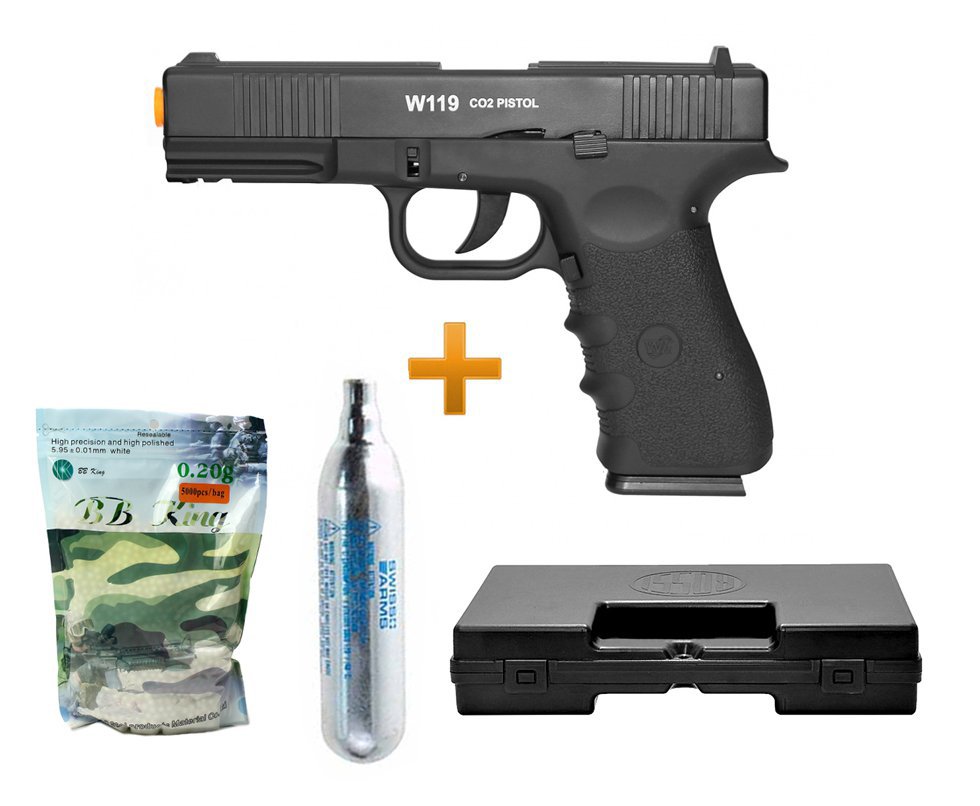 Pistola Airsoft Gas Co2 Wg Glock W119 Slide Metal Blowback 6.0 + 4000bbs + Case + Cilindro Co2