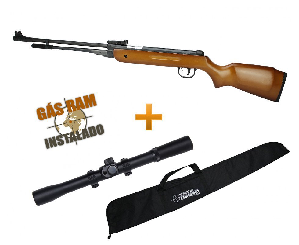 Carabina Pressão Power Spring Madeira Cal 5.5mm Fixxar Gás Ram 50kg + Luneta + Capa