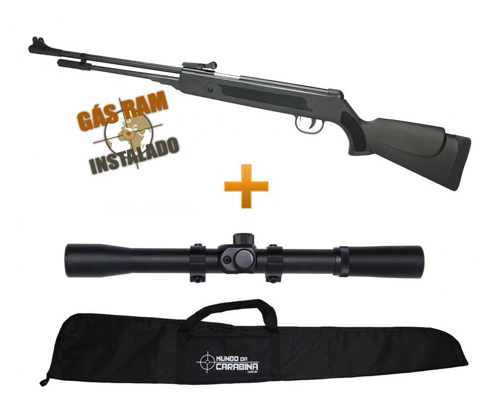 Carabina De Pressão Power Spring Black Cal 5.5mm Fixxar Gás Ram 50kg Instalado + Luneta 4x20 + Capa