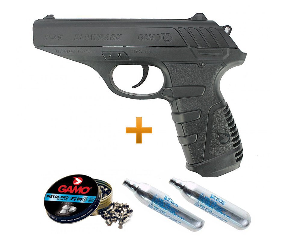 Pistola De Pressão A Gás Gamo Gbb Co2 P-25 Blowback Slide Metal Black 4.5mm + Chumbinho + Co2