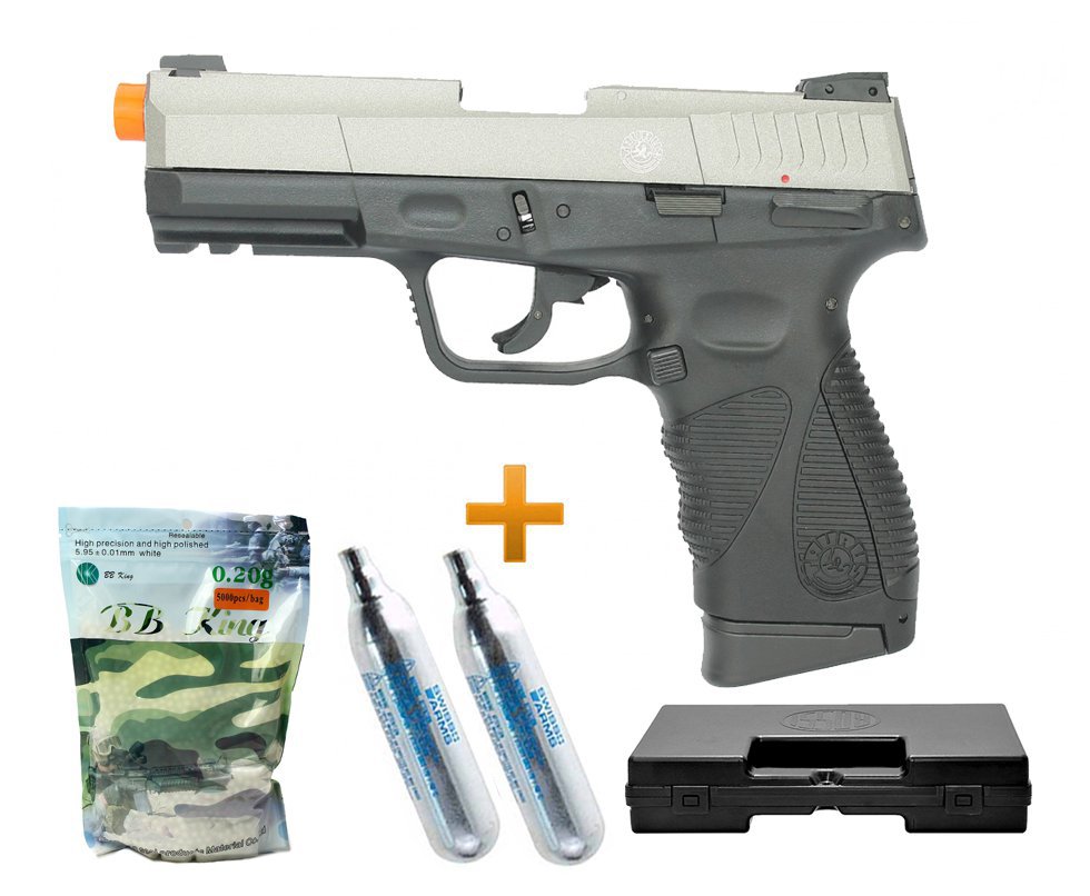 Pistola Airsoft Co2 Taurus Pt 24/7 G2 Blowback Slide Metal Silver 6.0 + Case + Bbs + Co2